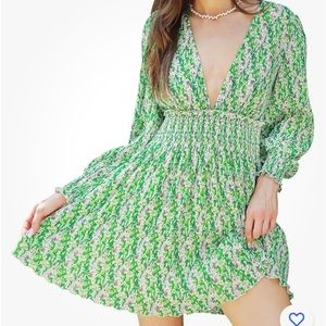Boratat Deep V-Neck Ruffle Long Sleeve Floral Print Mini Dress Green Cottagecore